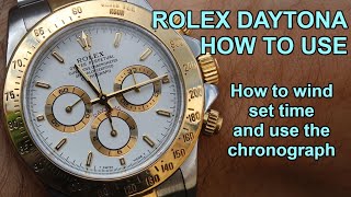 How to use Rolex Daytona Cosmograph chronograph  winding setting time and chronograph function [upl. by Ayaladnot]