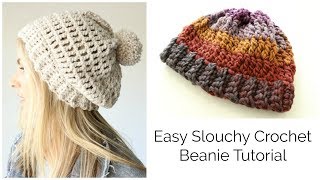 Easy Slouchy Crochet Beanie Tutorial  Treble stitch [upl. by Dustman]