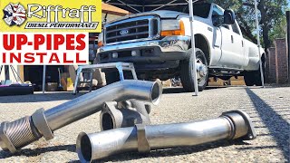 2001 F350 73  RiffRaff UpPipes Install  Stock up pipes leaking and falling apart JUNK SP [upl. by Burnard]