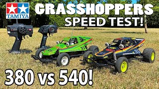 Tamiya Grasshopper Ltd Editions SPEED TEST 380 vs 540 Motor  NiMH vs LiPo  Green vs Black [upl. by Devol]